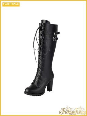 Knee High Combat Boots Lace Up Block Heel Faux Leather Lug Sole